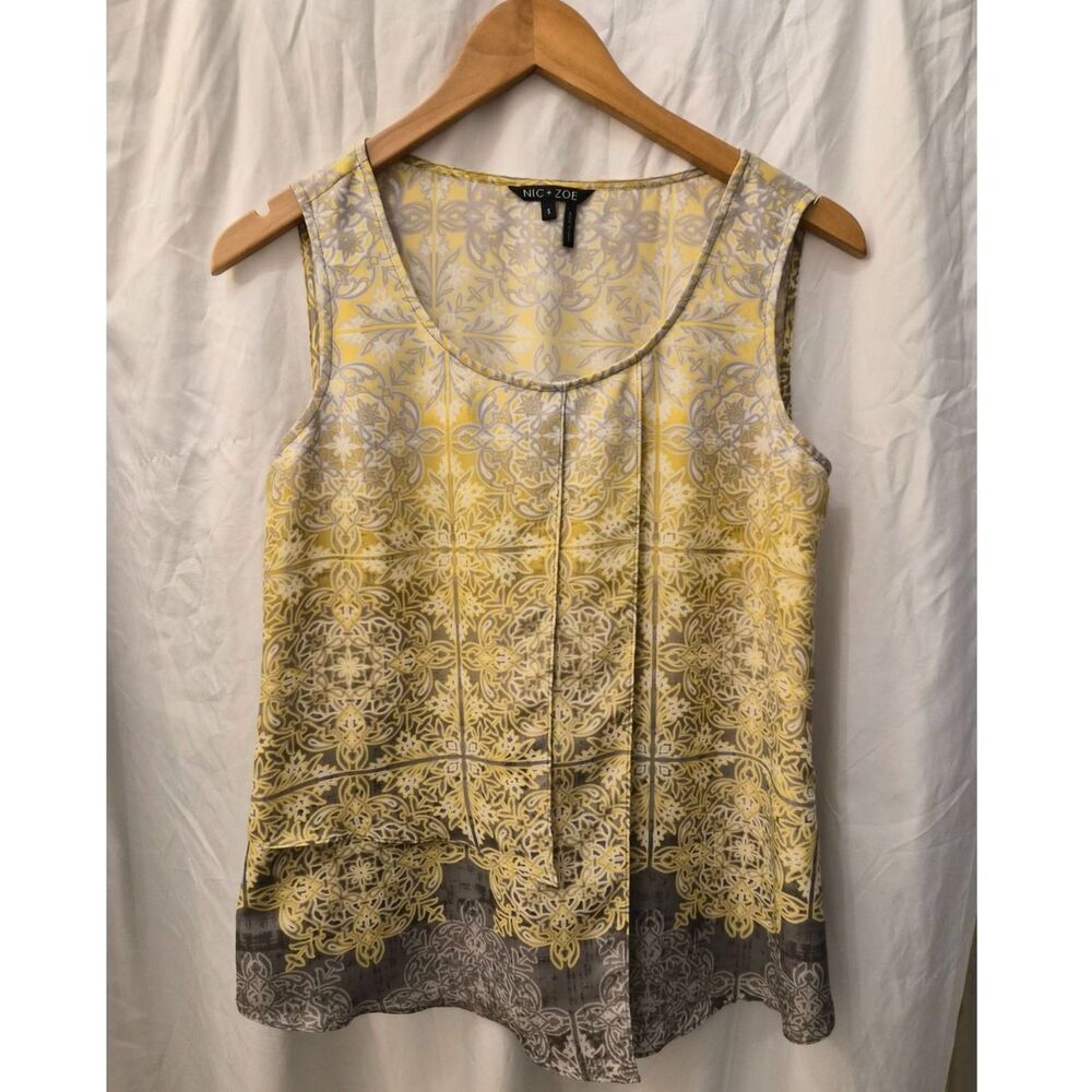 NIC + ZOE Sleeveless Blouse Womens Small Yellow Gray Patterned Draped Top